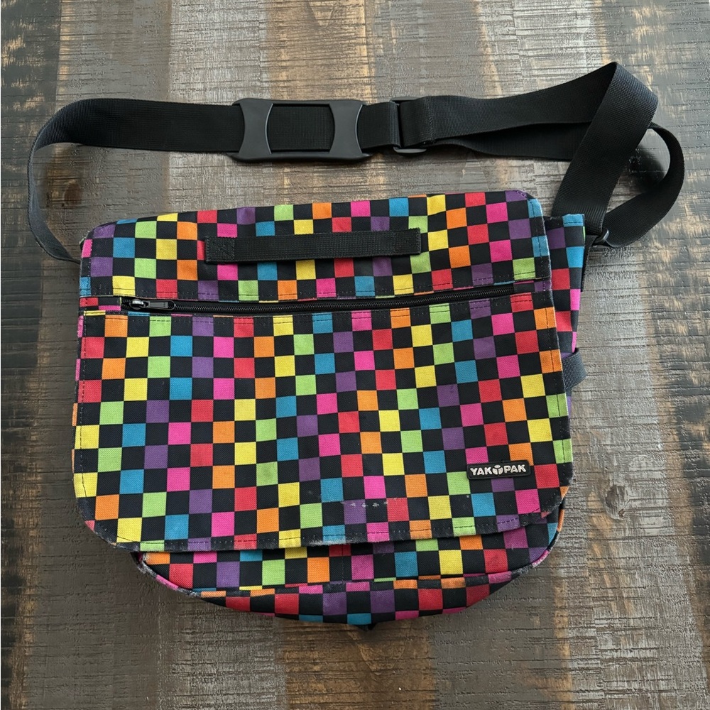 Yak Pak messenger bag school office laptop books black rainbow checkers